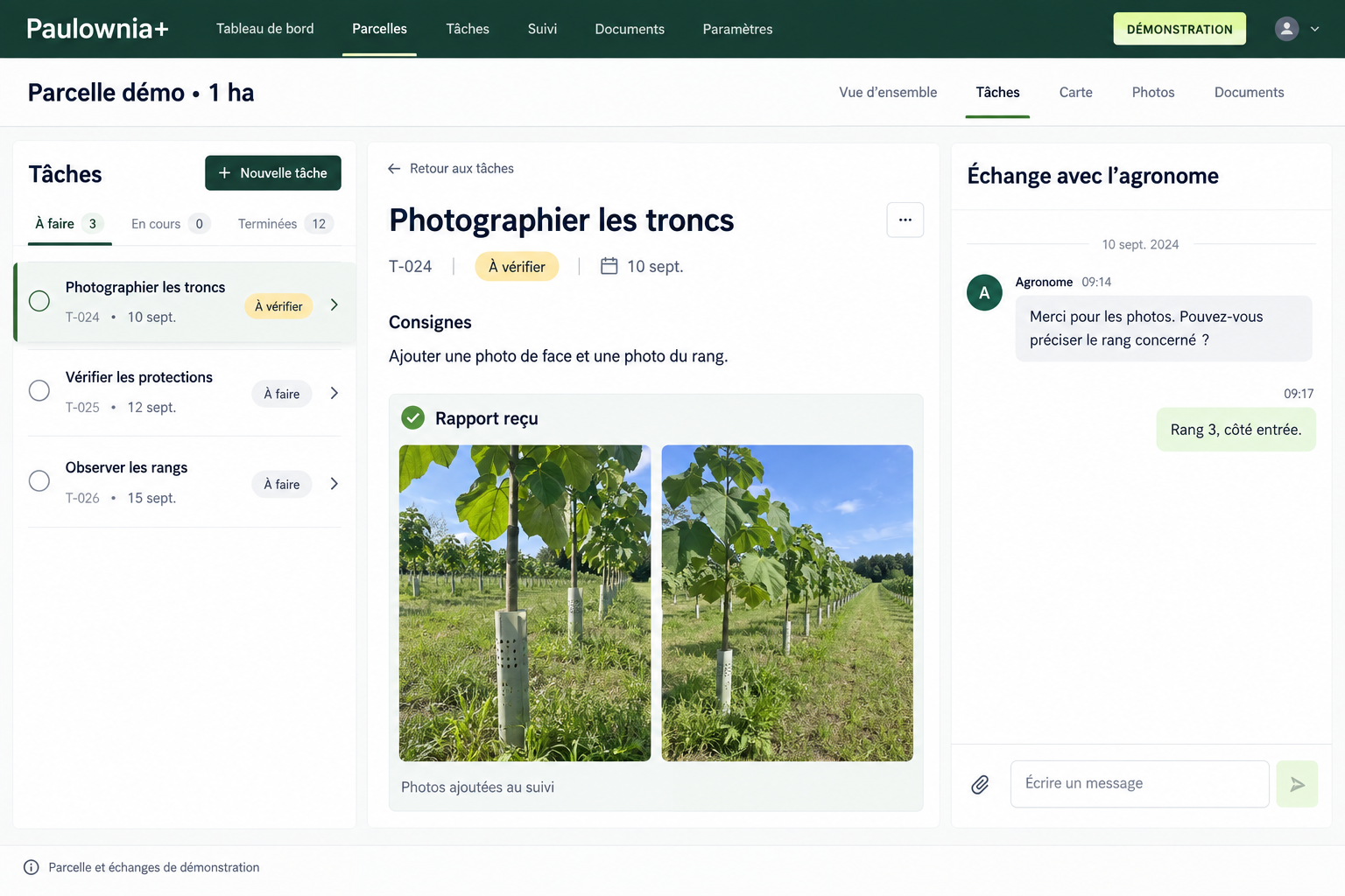 Paulownia+ : démonstration du suivi des tâches, des photos et des échanges
